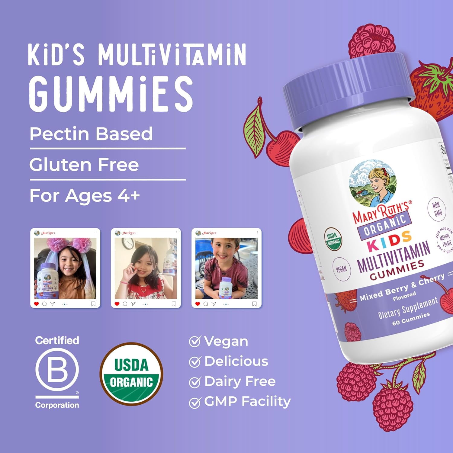 (2 pack) MaryRuth's Kids Multivitamin Gummies Mixed Berry and Cherry Vegan Gluten-Free Dairy-Free Immune Support, Ages 4+, 60 Count