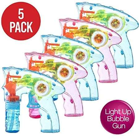 Prextex Pack of 5 Wind up Bubble Shooter Gun LED Light up Bubble Blower Indoor and Outdoor Toys for Puppy’s Kid’s Boys and Girls no Batteries (Best Bubble Gum Blower)