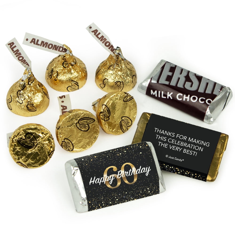 124 Pcs 60th Birthday Candy Party Favors Hershey's Miniatures and Gold Almond Kisses by Just Candy (1.52 lbs)
