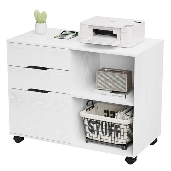 MCQ 3 Drawer File Cabinet with Wheels, Rolling Wood Printer Stand and Open Storage Shelves for Home Office, White