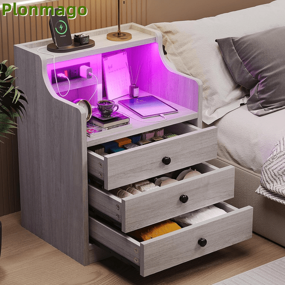 Plonmago Grey Night Stand with LED Ligts,LED Nightstand with Charging Station and Hutch,Bedside Table with 3 Drawers and Shelves,Grey