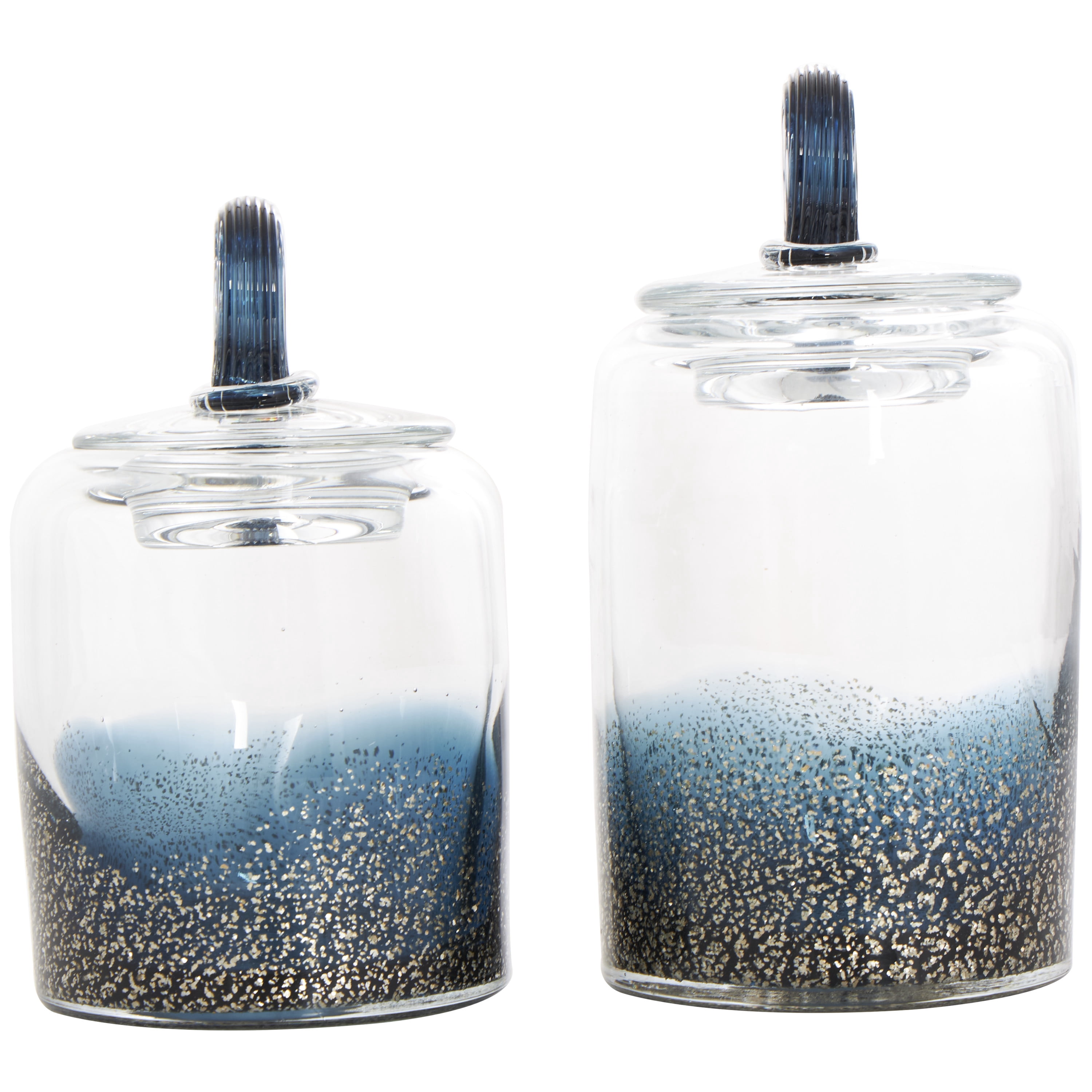 DecMode 9", 8"H Blue Glass Handmade Decorative Jars with Gold Flake Details and Ring Lids, 2-Pieces