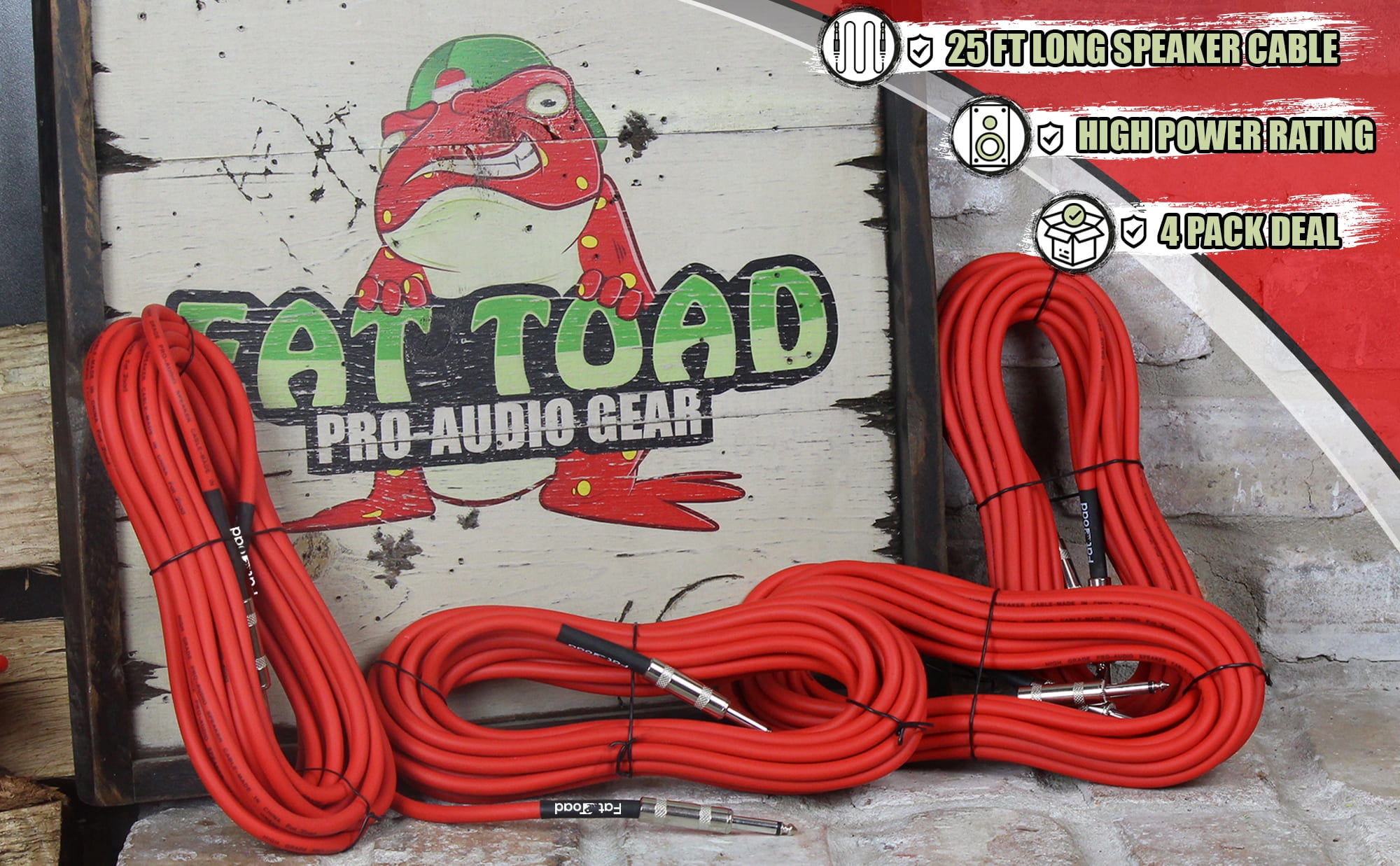 FAT TOAD DJ Speaker Cables 25FT (4-Pack) | 1/4-Inch 12 AWG Wire for Amp, Studio & Stage Gear | 1/4-Inch Male Jack Pro Audio Red PA Patch Cords