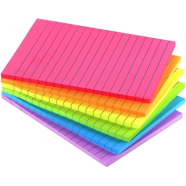 Notas adhesivas rayadas de 4 x 6 pulgadas, notas adhesivas de colores brillantes con súper adherencia, 45 hojas por bloc, 6 blocs por paquete