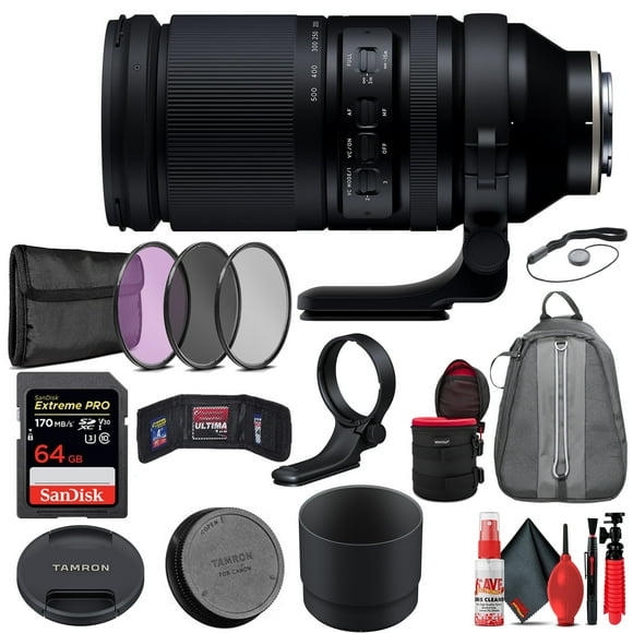 Tamron 150-500mm F/5-6.7 Di III VXD Lens for Sony E-Mount (AFA057S-700) + 64GB Extreme Pro SD Card + Backpack + 82MM Filter Set + 10" Lens Case + SD Card Pouch + Lens Cap + Lens Cleaner (INTL Model)