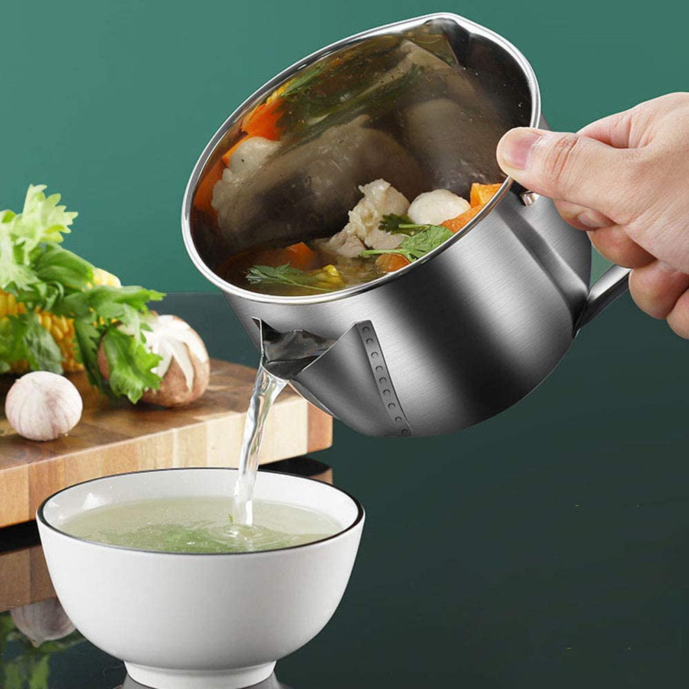 Oil Soup Fat Separator Bowl Multi-Purpose 304 Stainless Steel Grease Filter Strainer Pot Cooking Kitchen Gadgets Grease Separator Make The Bowl Easy to Clean