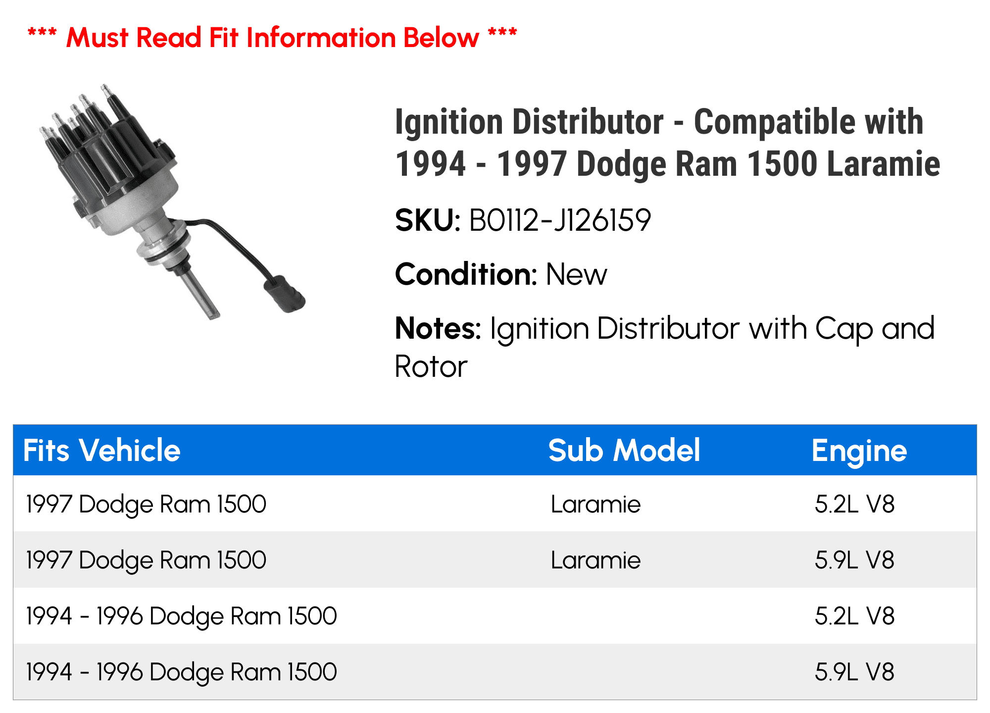 Ignition Distributor - Compatible with 1994 - 1997 Dodge Ram 1500 Laramie 1995 1996