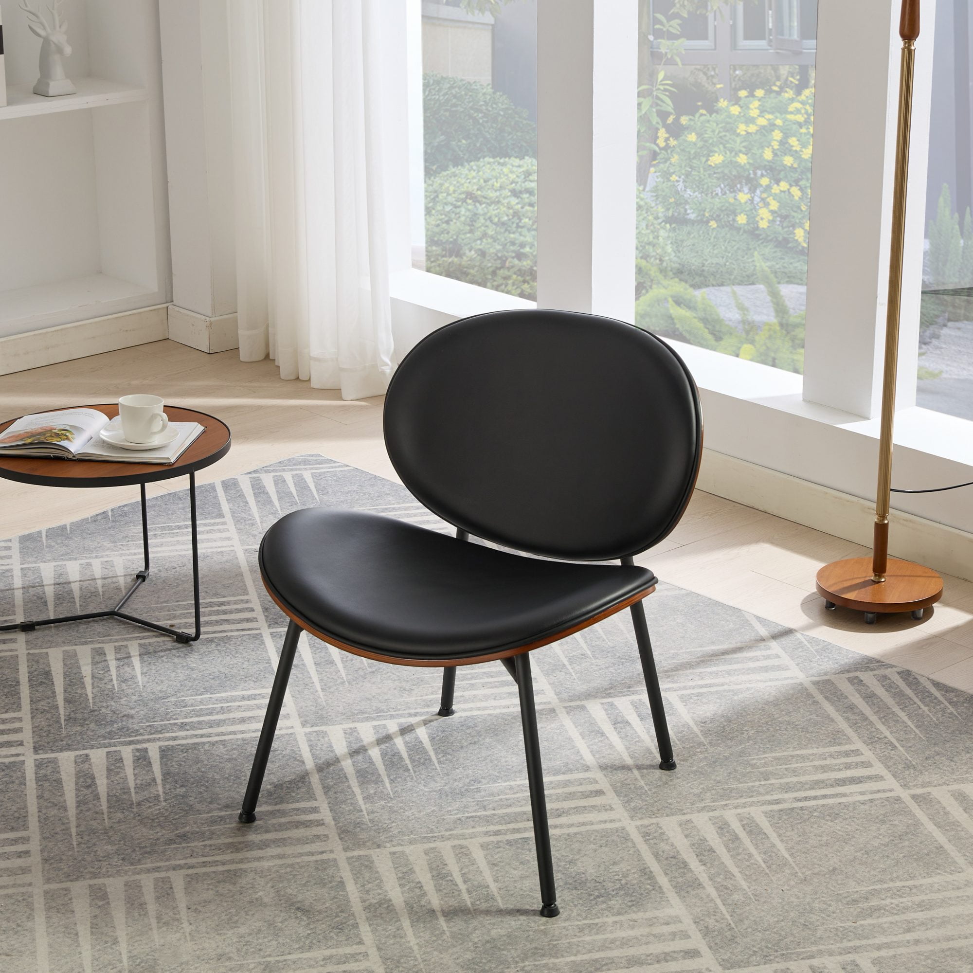 MAYEERTY Mid-Century Modern Shell Chair - Tripod Base, Black Leather, Walnut Finish, Comfortable Backrest, Black