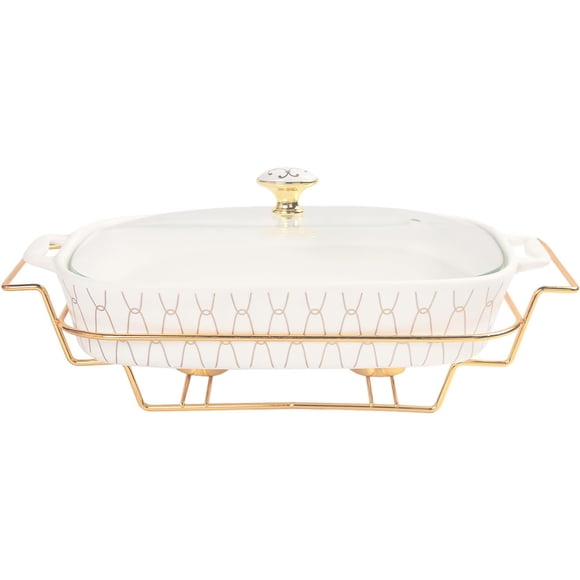 jinsongdafa Ceramic Casserole Dish with Glass Lid and Rack, 68 ounce Serving Soup Tureen,Chafing Dish for Buffet, Family Food preserve Tray, Catering Casserole for Party Style, White 15.2 Inch