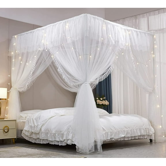 4 Corners Post Ruffle Princess Bed Canopy Curtain-Double Layer Cozy Drape Netting 4 Opening Mosquito Net for Girls Adults Bedroom Decoration (White/White, 53" W*78" L*82"*H/(Full))