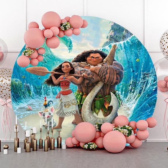 6.5ft Cartoon Girl And Man Sea Round Birthday Backdrop for Kids
