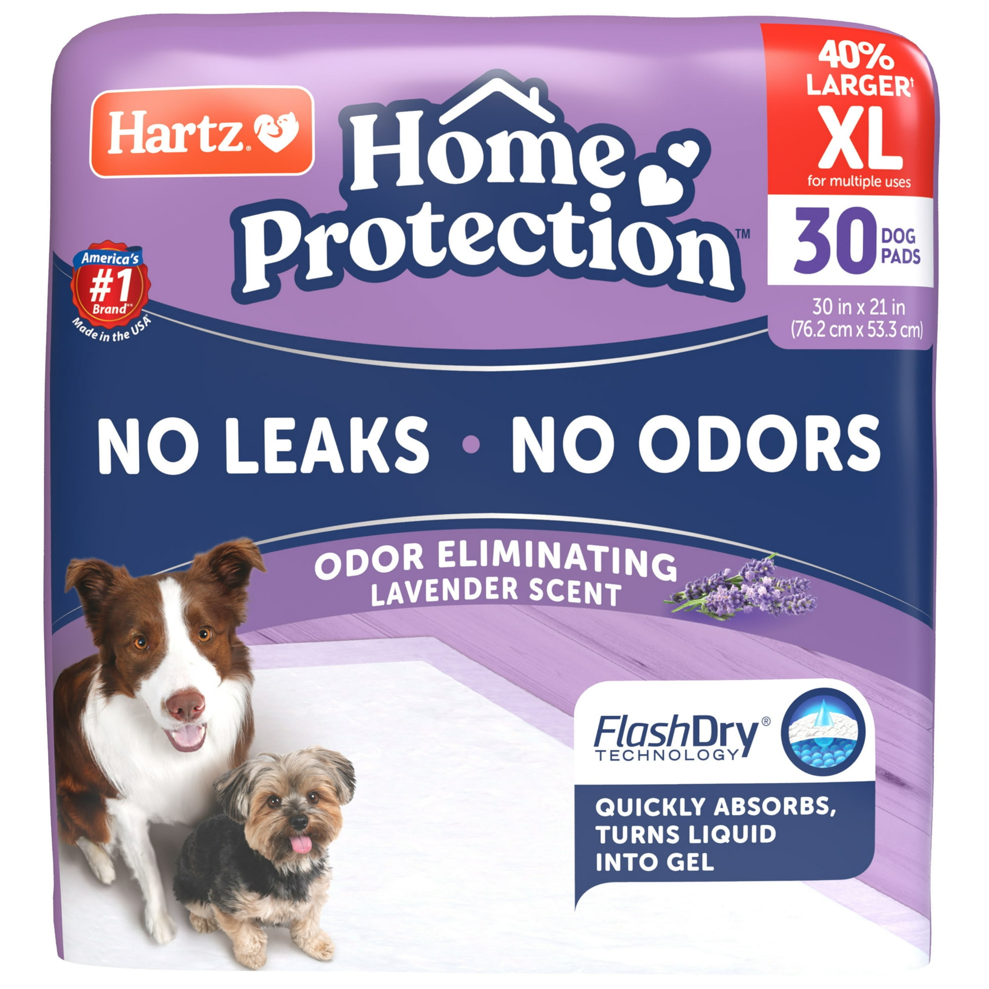 Hartz Home Protection Super Absorbent Odor Eliminating Lavender Scented No Leaks Dog Pads, XL, 30 in x 21 in, 30 Count