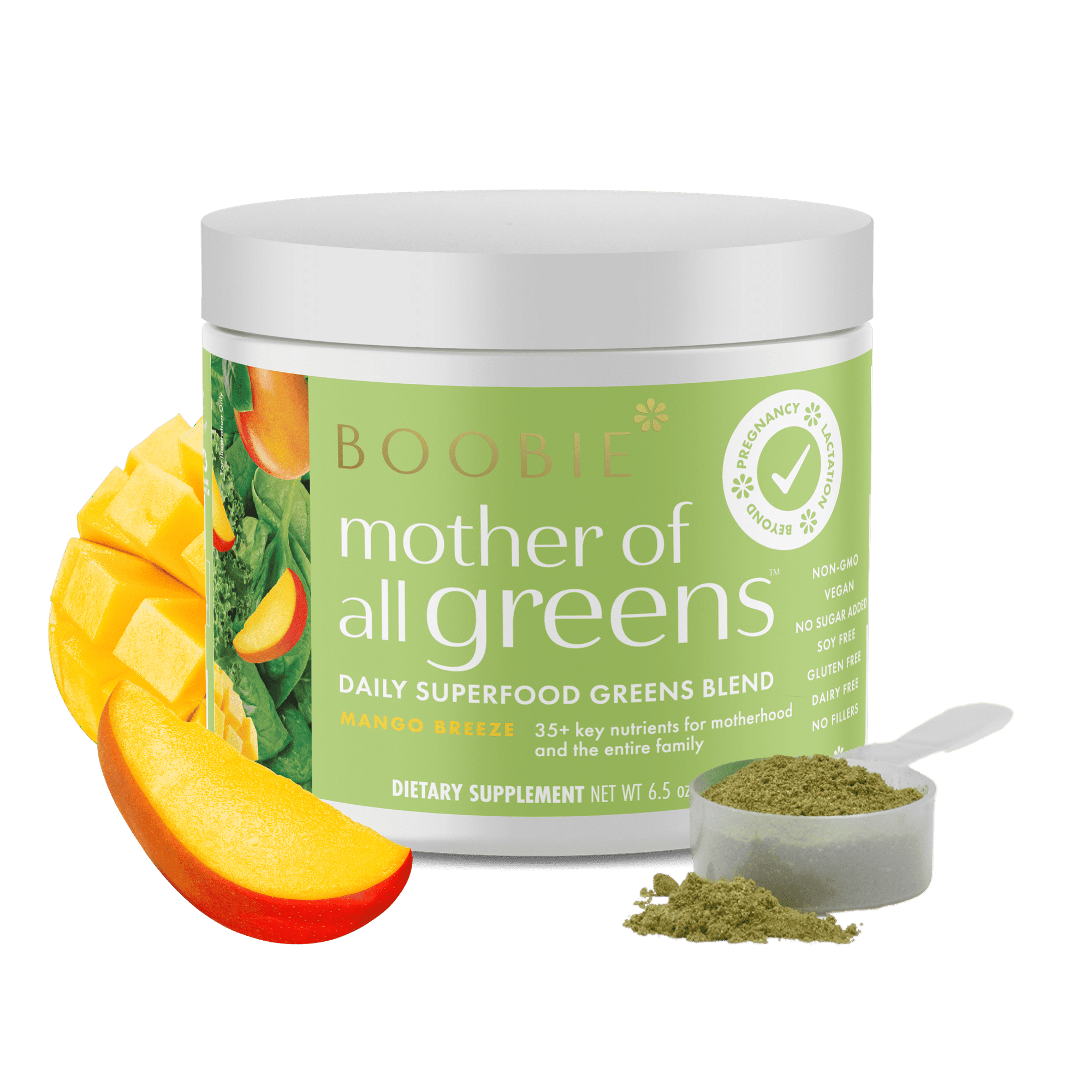 Boobie Mother of All Greens | Your New Family Ritual, Daily Super Greens Powder with 35+ Essential Nutrients for Moms & Families | Vegan, Gluten Free, & Sugar Free | Mango Flavor, 30 svgs