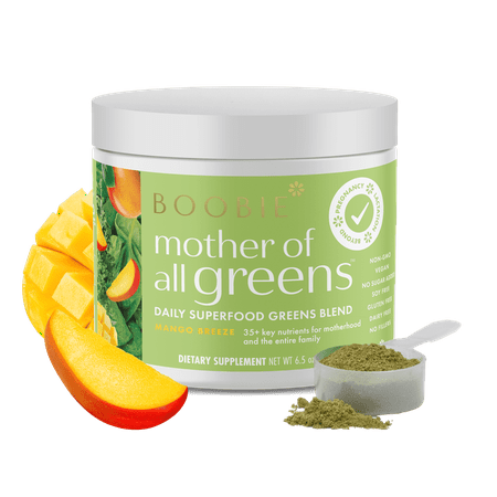 Boobie Mother of All Greens | Your New Family Ritual, Daily Super Greens Powder with 35+ Essential Nutrients for Moms & Families | Vegan, Gluten Free, & Sugar Free | Mango Flavor, 30 svgs