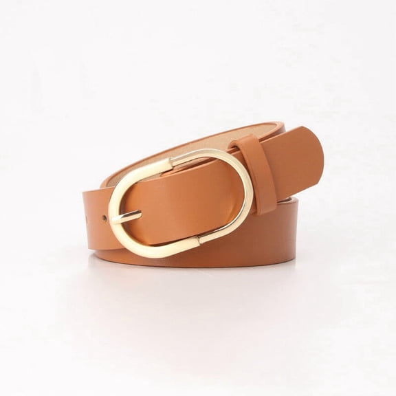 Women Metal Gold Oval Buckle Skinny Faux Leather Jeans Belt Dress Waistband