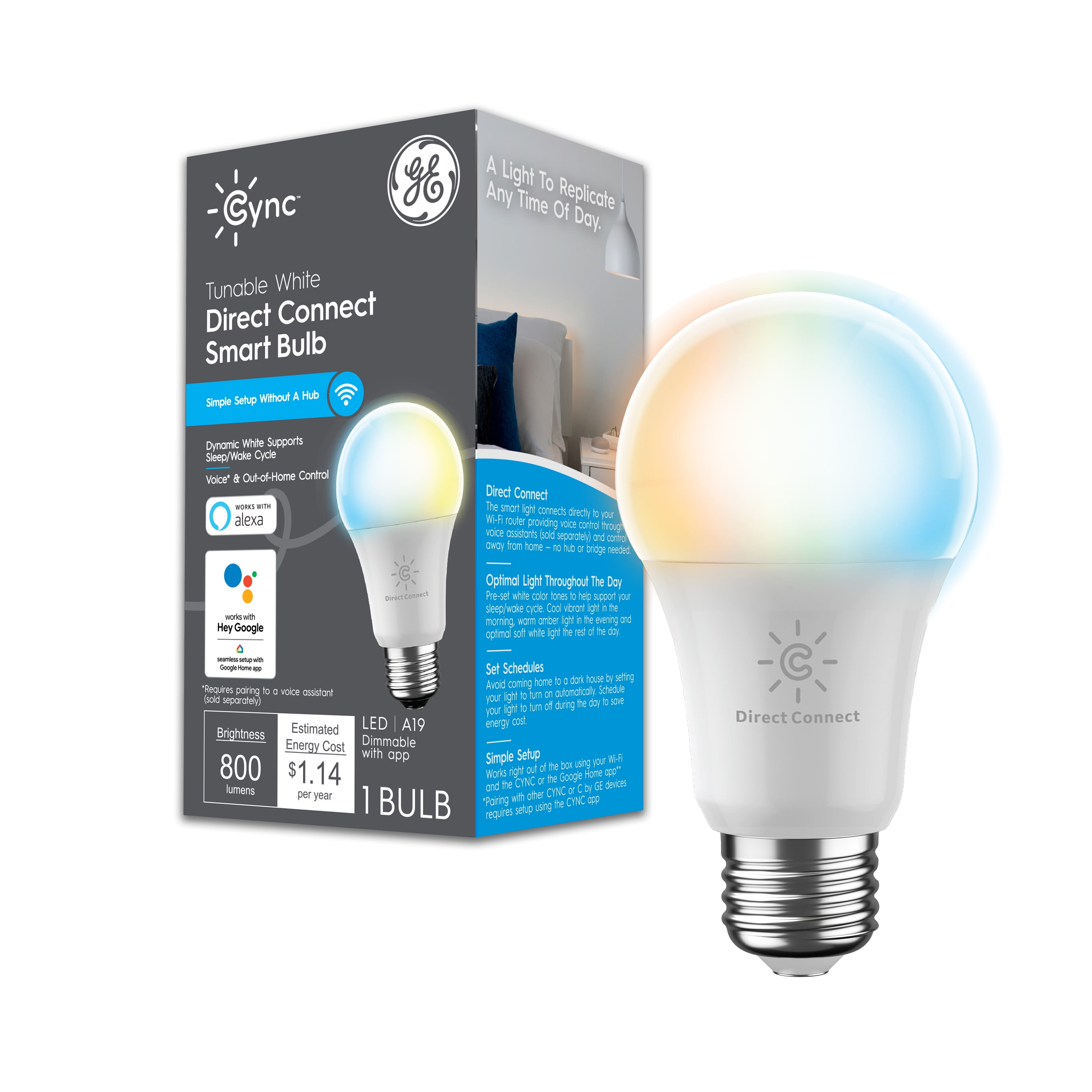 GE CYNC Smart LED Light Bulbs, Tunable White, A19 Standard Light Bulb, Bluetooth and Wi-Fi Enabled, 1pk