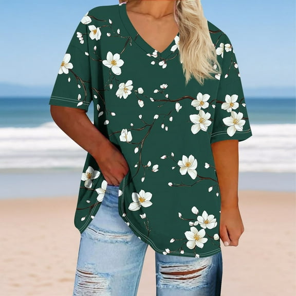 Sokhug Womens Plus Size Tops Summer Shirts Tunic Short Sleeve Crew Neck Loose Fit Blouse