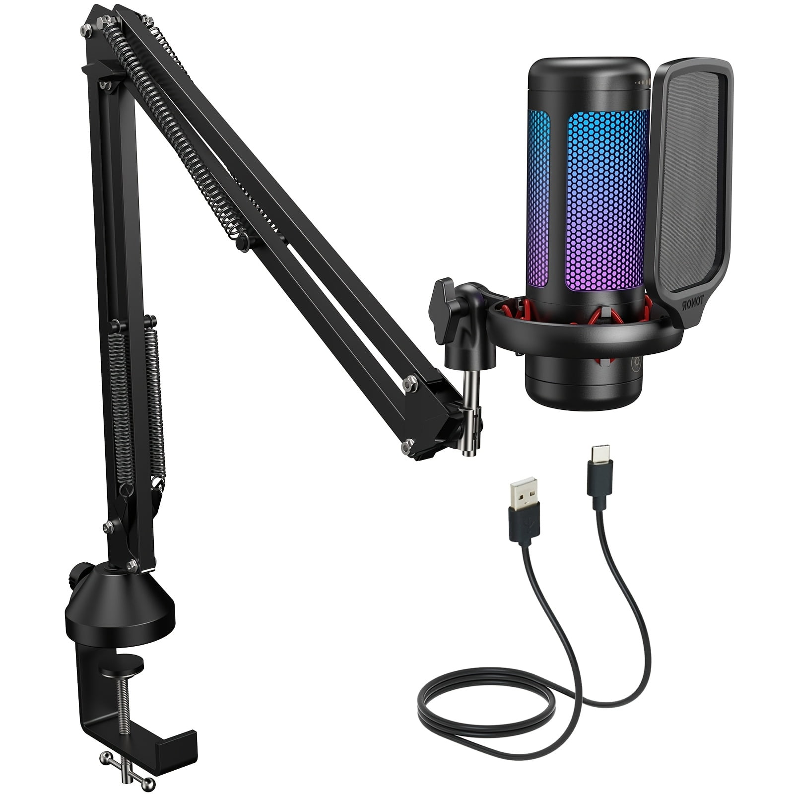 USB- Compatible RGB Gaming Microphone with Boom Arm & Shock Mount - USB- Condenser Mic Suitable for Streaming, Podcasting, Voice Recording, PC Computer Setup, Pop Filter System for Studio Recording