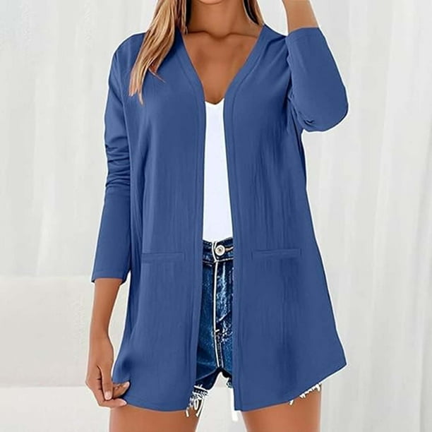 Sudaderas con capucha para mujer,Cárdigan de lino con cuello en V para mujer, manga larga, abertura frontal y bolsillos, mezcla de poliéster ligero, para uso diario informal, sopatenor