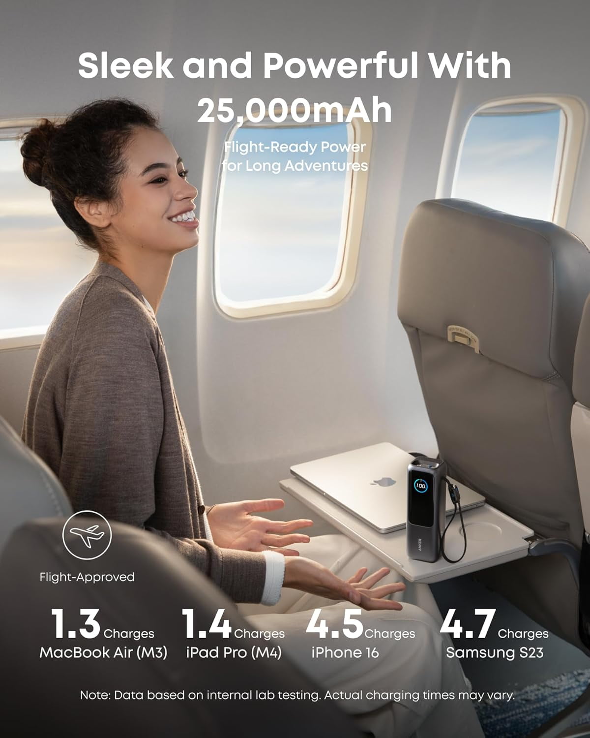Anker Laptop Power Bank, 25,000mAh Portable Charger with Triple 100W USB-C Ports, Built-in Retractable Cables, Flight-Approved for Travel, Compatible for iPhone 17/16 Series,Macbook,Samsung, and More