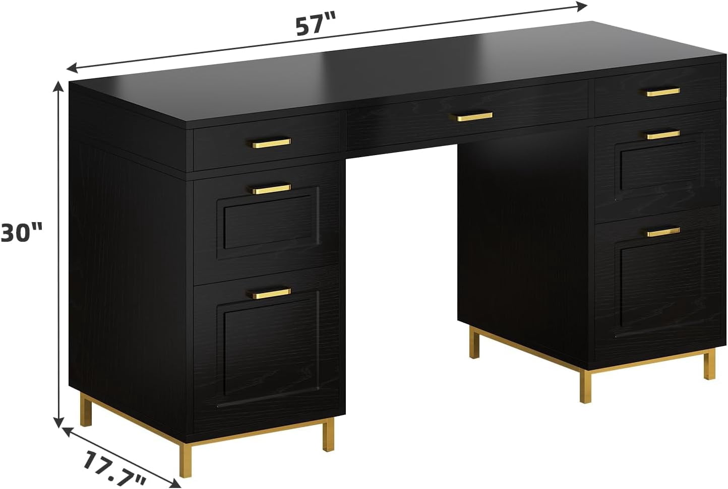 DreamCurship 57" Computer Desk with Storage, Black and Gold with 7 Drawers, Executive Desk with File Drawers, Home Office Desk for Home Office, White and Gold