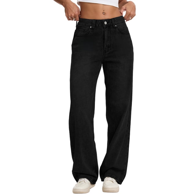 Vaqueros Wanduyini de pierna recta para mujer, casual, color negro XL