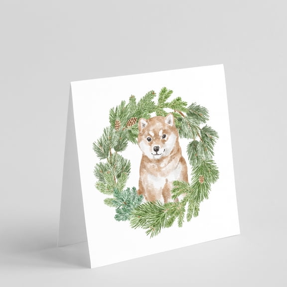 Shiba Inu Puppy Sitting Pretty with Christmas Wreath Square Greeting Cards and Envelopes Pack of 8 5 in x 5 in