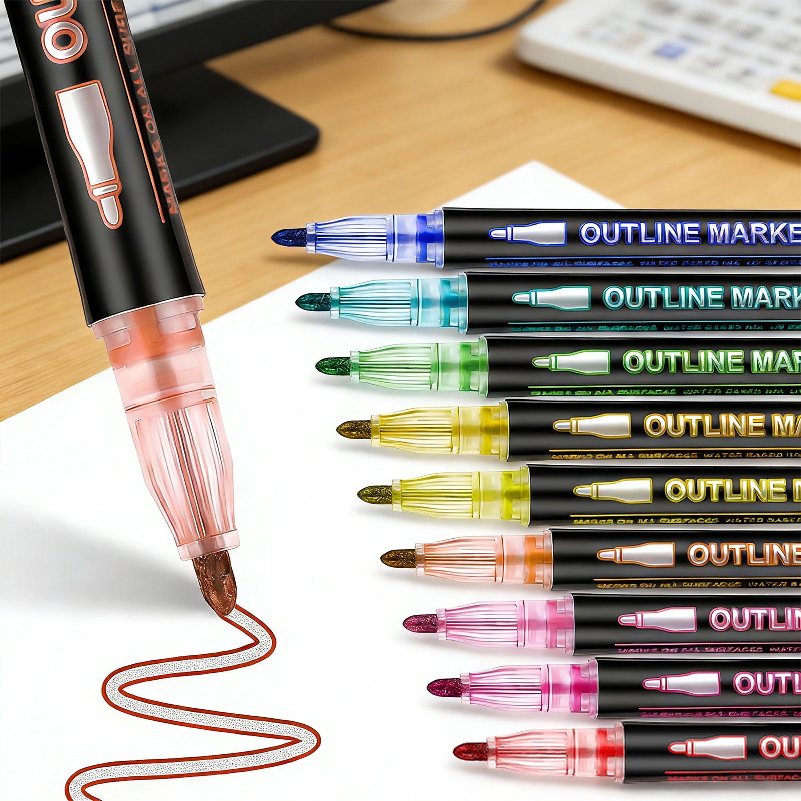 Dreamy Sparkle Dual-Line Contour Pen, Double Line Super Squiggles Glitter & Metallic Markers, 8/12/24 Colors Self-Outline Metallic Markers Glitter Writing Drawing Pens (12gel)