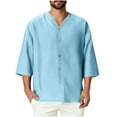 thumbnail image 2 of Tops for Men Plus Size 3/4 Sleeved Round Neck Button Casual Solid Color T-shirt Sky Blue XXXXL, 2 of 6