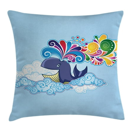 Multi Colored Accent Whale Decor Throw Pillow Cushion Cover, Cartoon Style Flying Happy Whale on Clouds with Rainbow Clods on its head, Decorative Square Accent Pillow Case, 16 X 16 Inches, Multi Colored, by Ambesonne ()