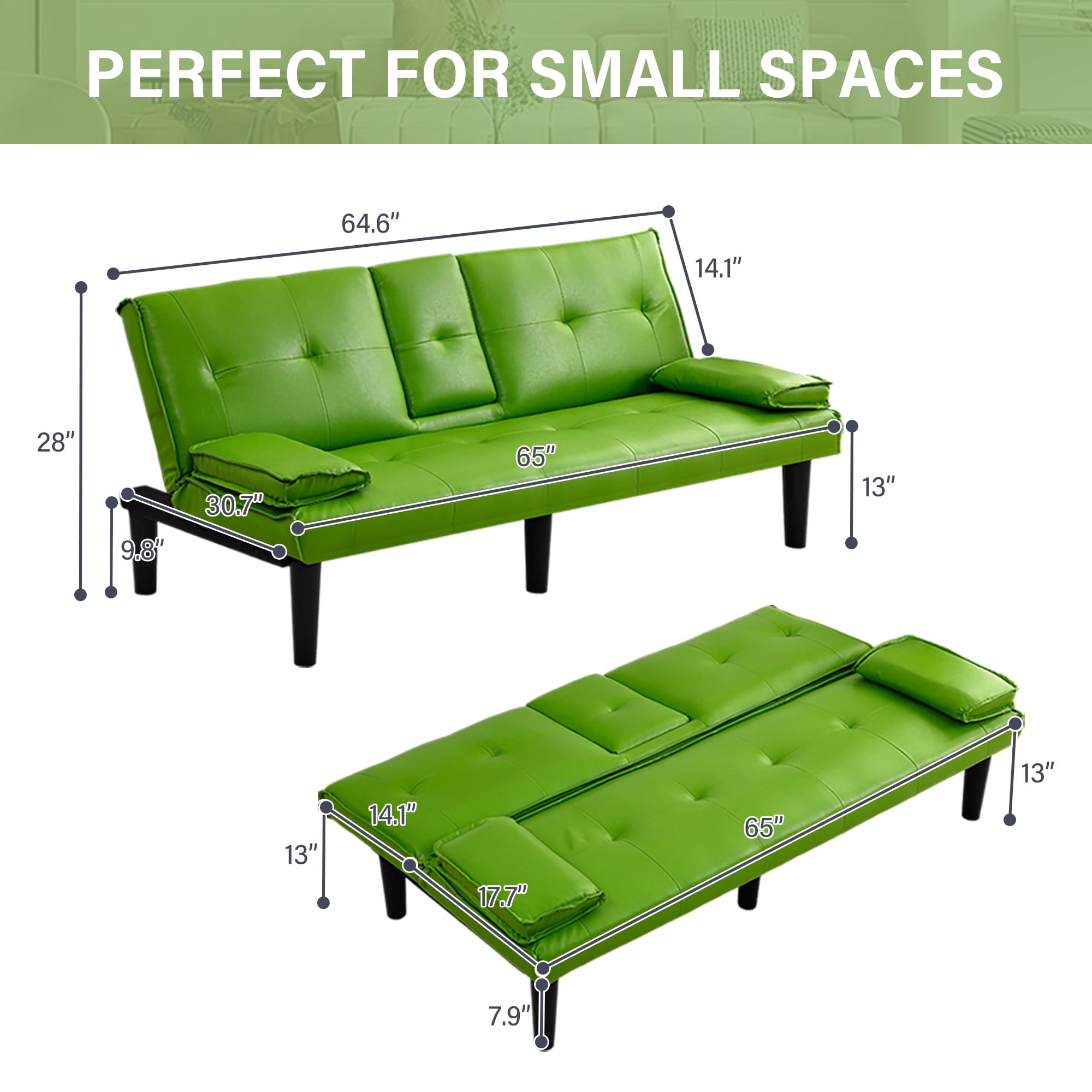 CARZZI LIFE Futon Sofa Bed PU Leather Modern Convertible Futon Couch with Removable Armrests, Cup Holders, Loveseat Sleeper Sofa Bed for Living Room, Apartment, Small Spaces (Green)