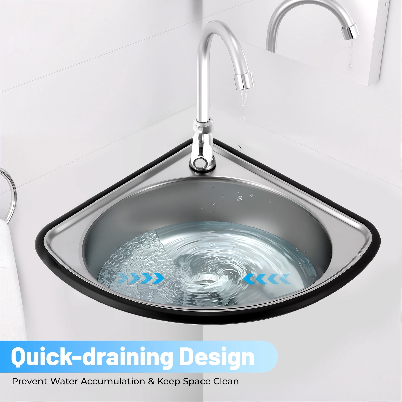 Stainless Steel Wall-Mounted Single Bowl Sink, Triangle Wash Basin Thick Small Sink Corner With Faucet And Drain Kit, For Kitchen Bathroom Lavatory Bar Laundry