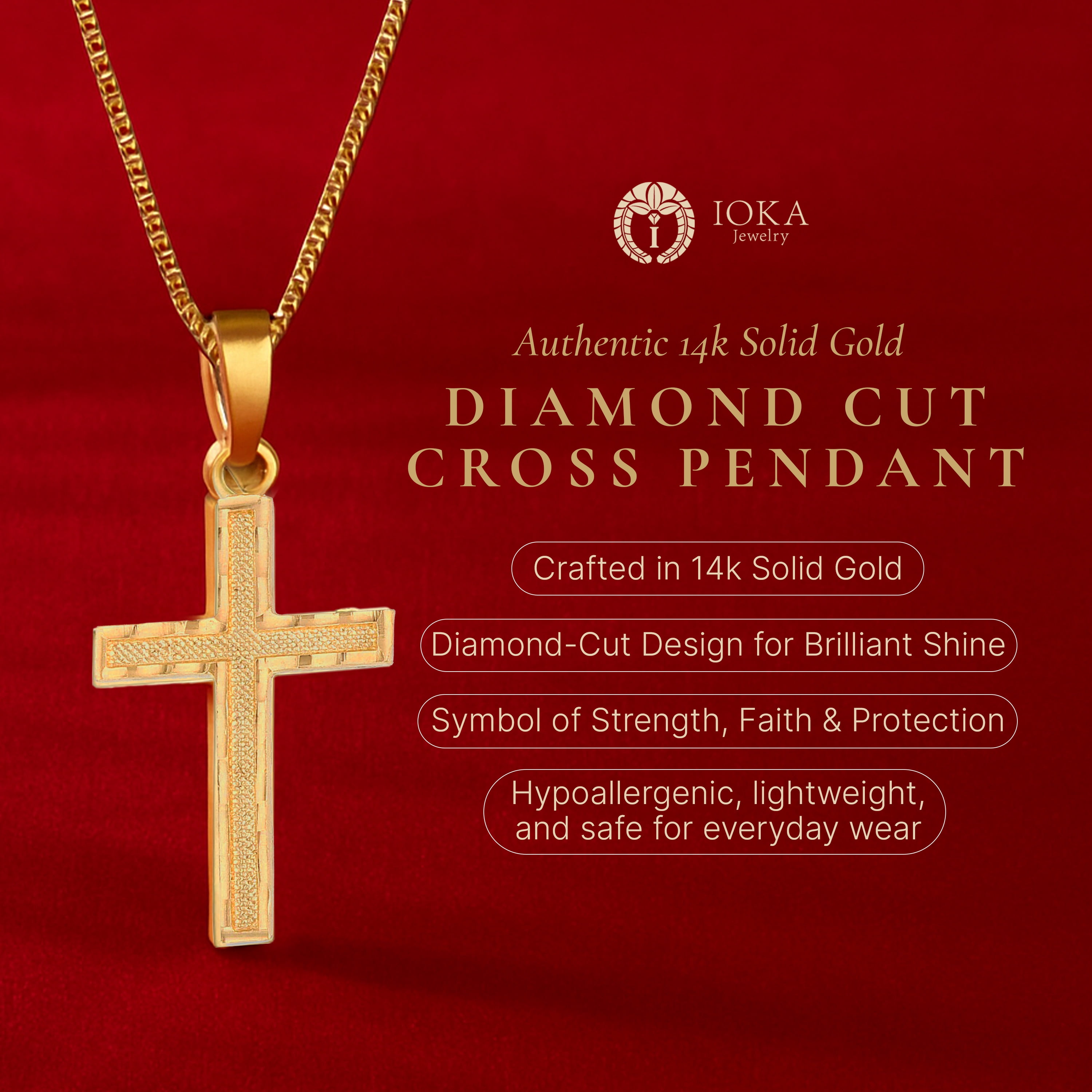 Ioka - 14K Yellow Gold Religious Cross Pendant Charm for Men and Women