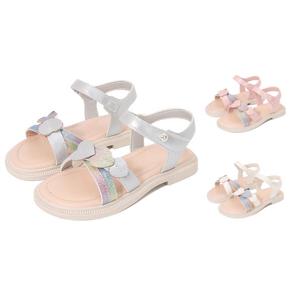 Gyujnb Girls Rainbow Glitter Heart Sandals Adjustable Ankle Strap Flat Sandals for Summer Casual & Beach Wear,10-10.5 Years