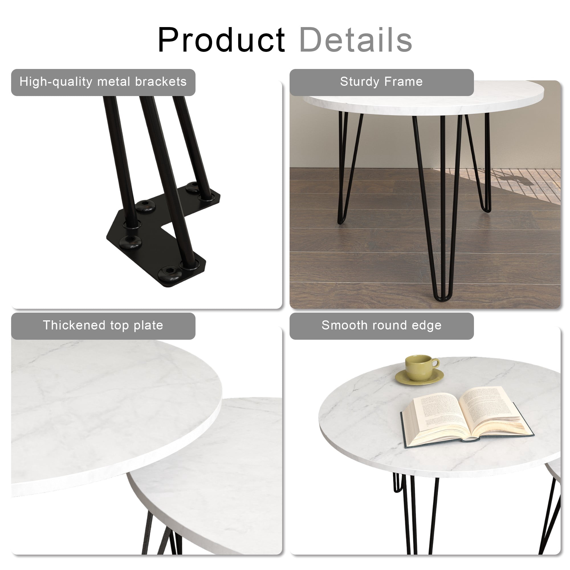 27.56'' Round Nesting Coffee Table Set of 2,Wooden End Table Set, with Metal Base for Living Room,Bedroom,White