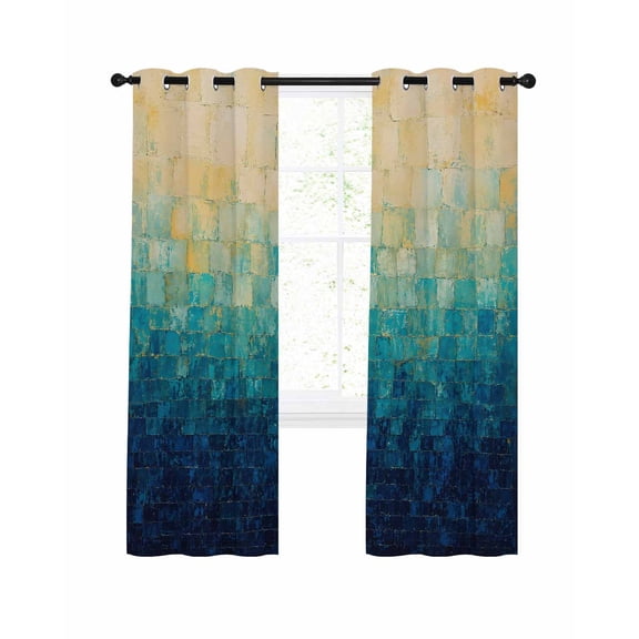 Teal Beige Block Blackout Curtains for Bedroom Living Room, Blue Cream Gradient Textured Industrial Boho 39 In Long Thermal Insulated Room Darkening Drapes Grommet Window Treatments, 27.5 x 39 In