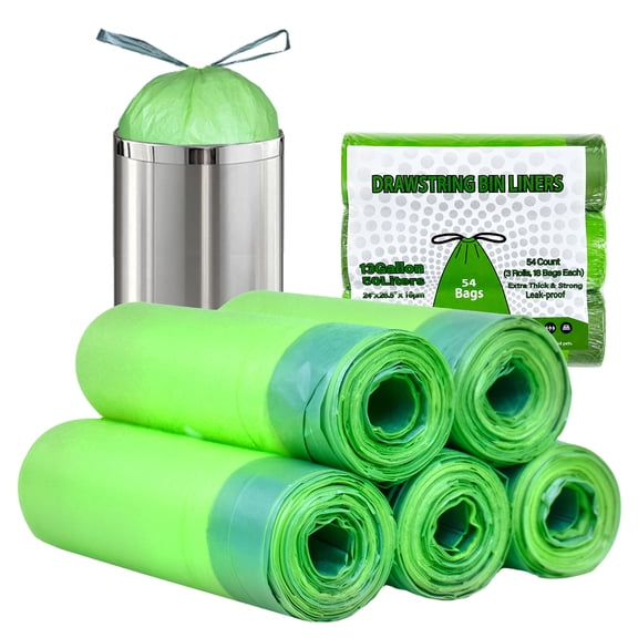 Behome 13 Gallon Drawstring Trash Bags, 54 Count Tear Resistant Compostable Trash Bags, Unscented Garbage Bags for Kitchen, Bathroom, Bedroom, Office
