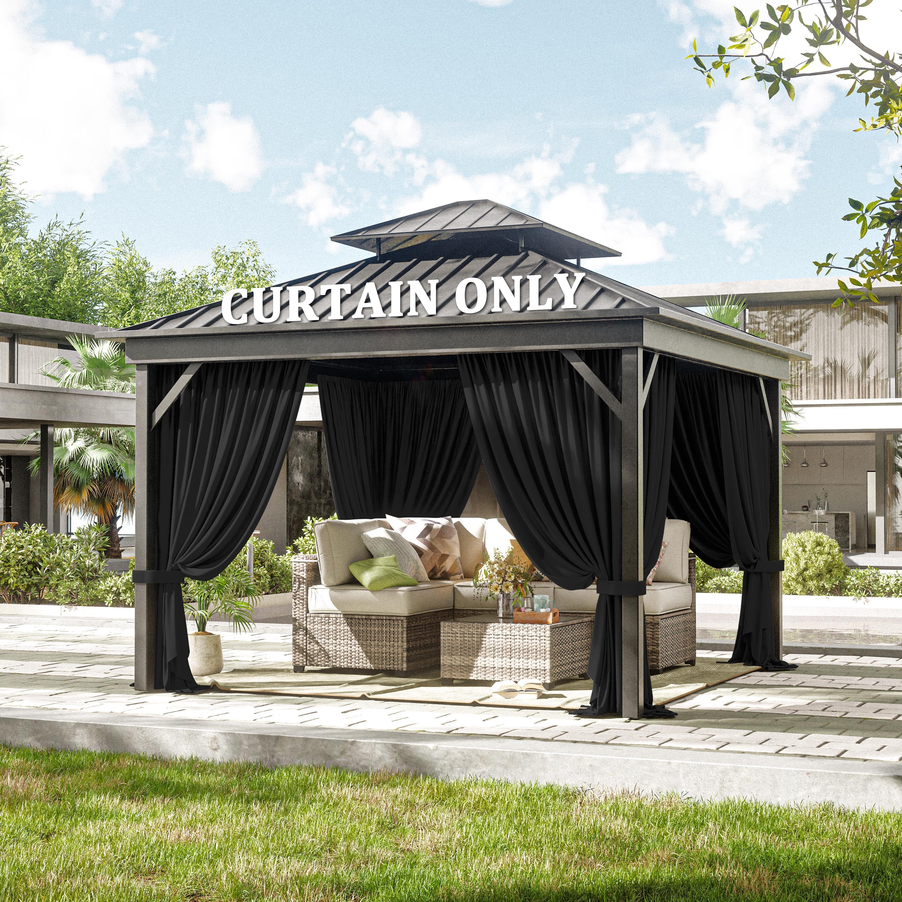 Pakunoda 4 Panel 12' X 6.5' Outdoor Curtains for 12' X 12' Gazebo, Waterproof Outdoor Privacy Curtain Panel set of 4, Black(Curtain Only)