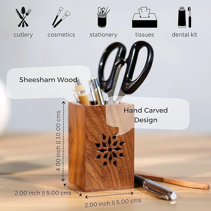Wooden Pen Holder/Stand | Pencil Cup | Makeup Brush Holder | Desk Organizer | Office Table Storage | Art Supply | Home Décor