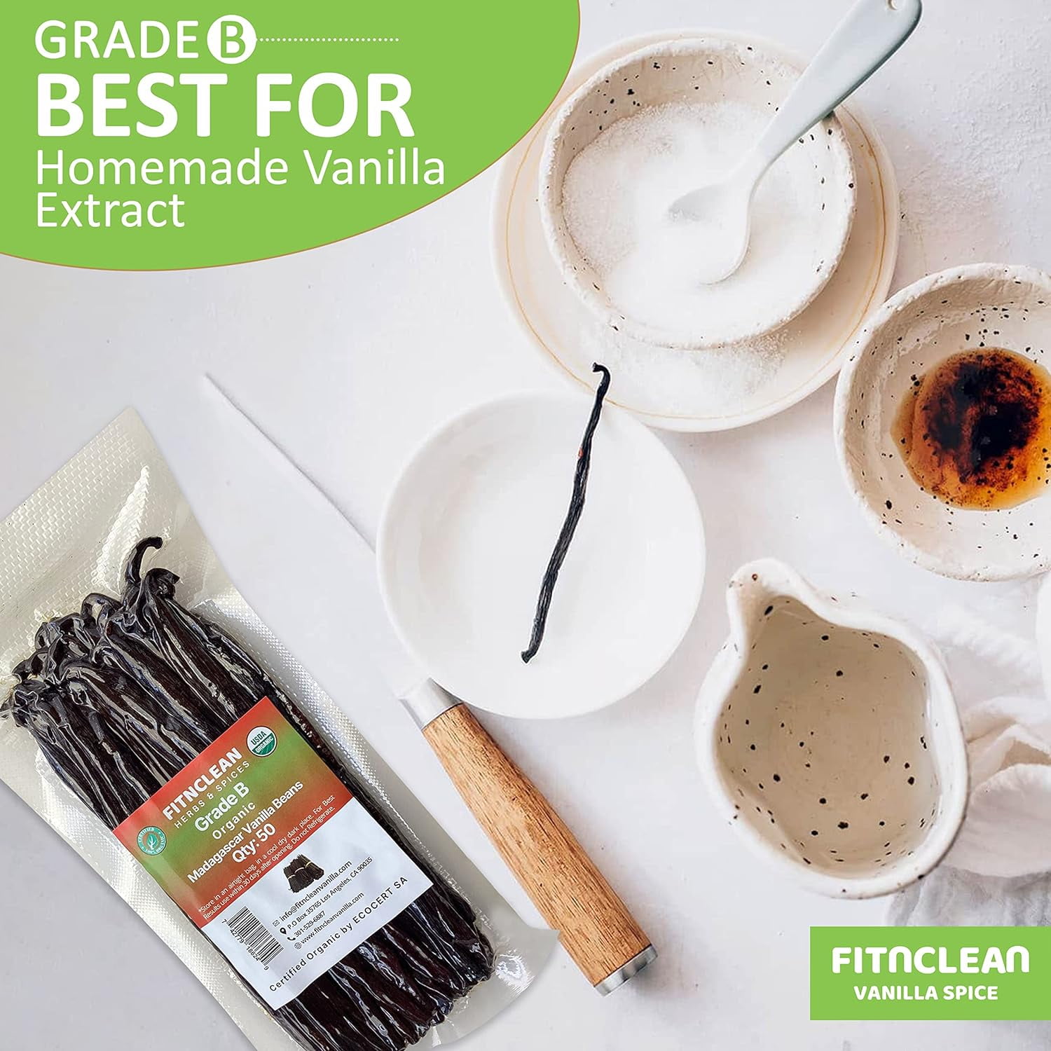 50 Madagascar Organic Vanilla Beans Grade B. Certified USDA Organic. 5"-7" by FITNCLEAN VANILLA for extract, Cooking and Baking. Whole NON-GMO Bourbon Pods