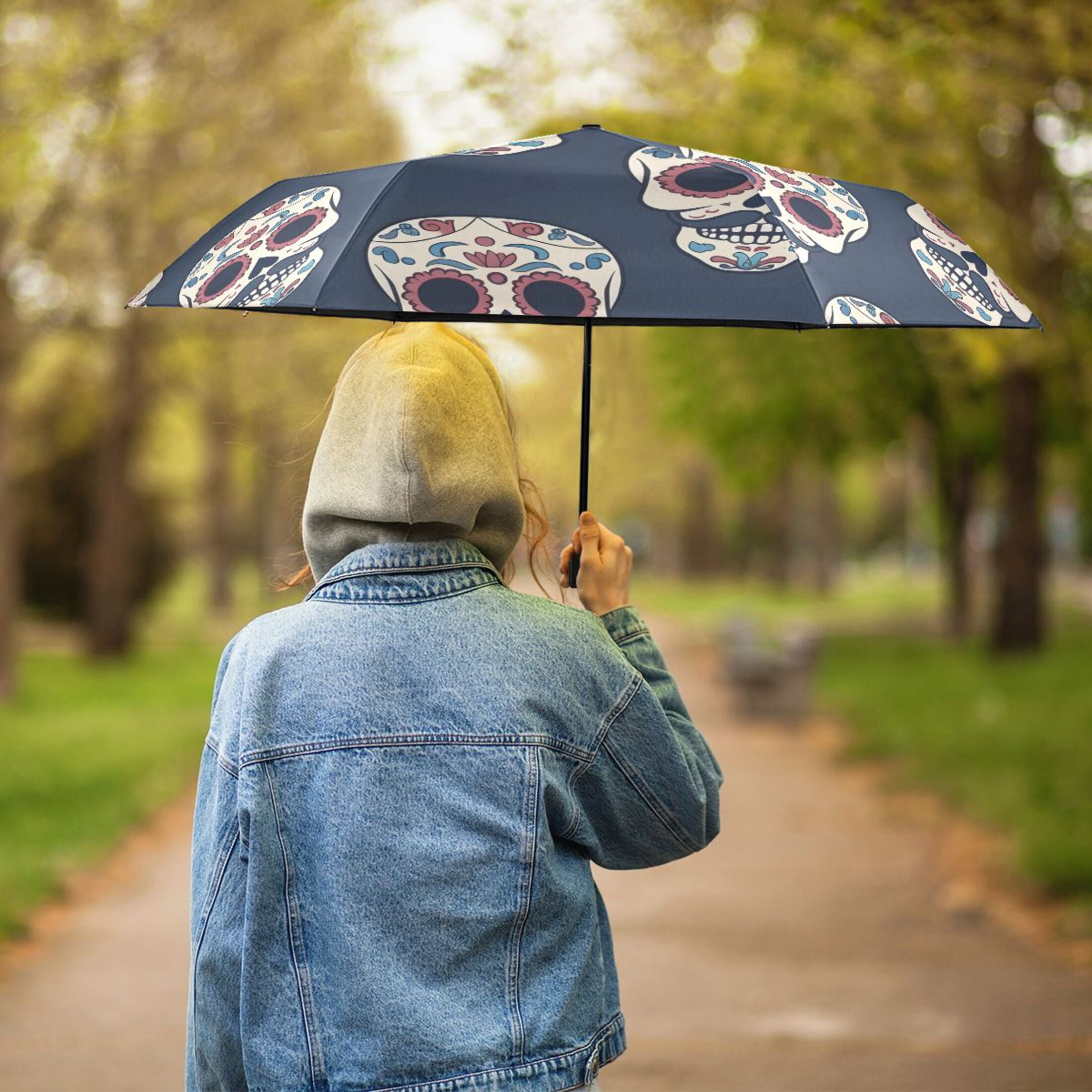 Skull with Mustache Compact Sun Umbrella Windproof Travel Umbrellas for Rain Strong Portable UV Protection