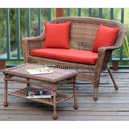 Jeco Wicker Patio Love Seat and Coffee Table Set in Honey with Red Orange Cushion