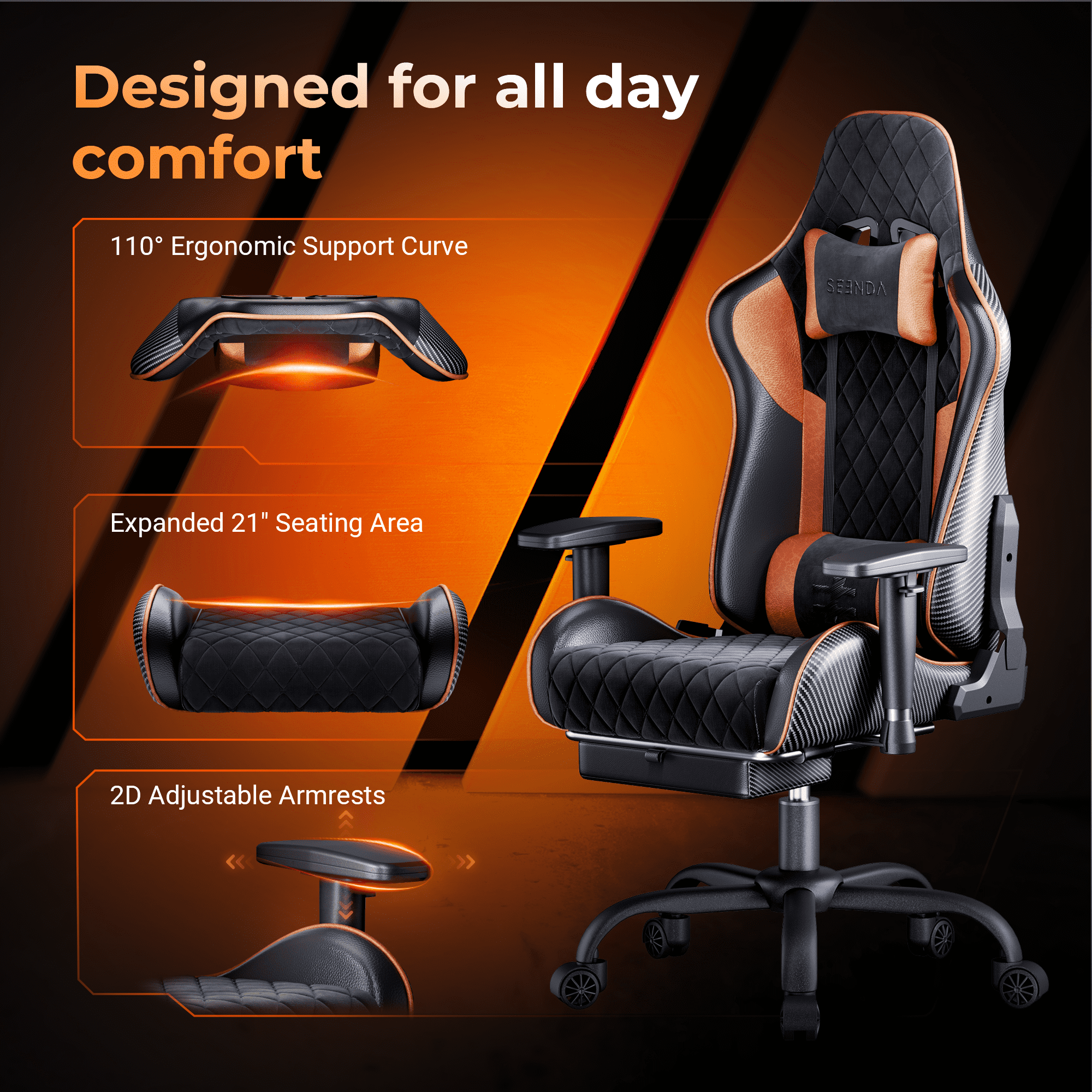 Seenda GCPro-10 Big and Tall Gaming Chair, All-in-One Comfort featuring a Retractable Footrest, High-Back Ergonomic Design, and Fully Adjustable Lumbar & Head Support