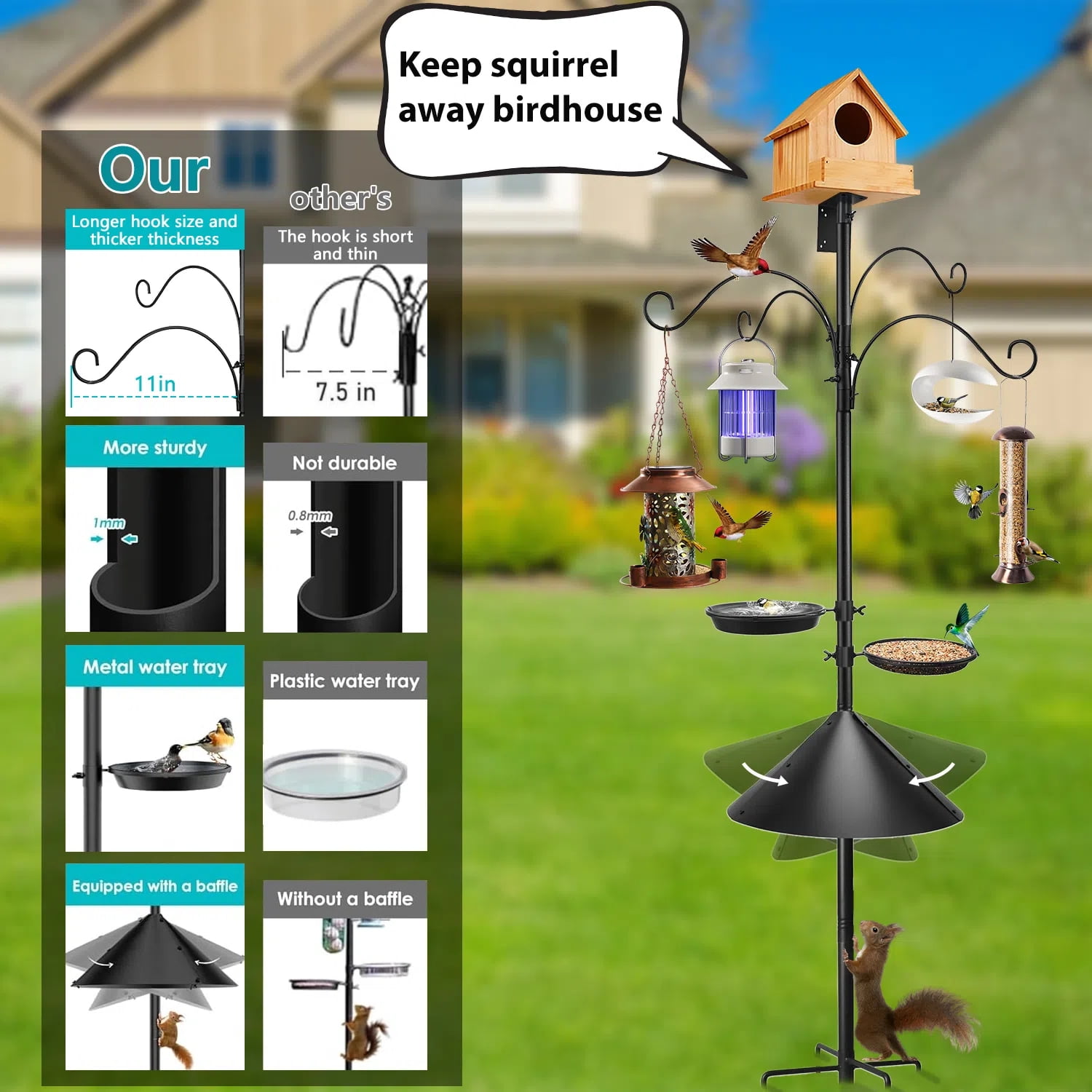 Teblint 92" Bird Feeding Station, Heavy Duty Bird Feeder Pole Bird House Stand Mount Kit w/ Squirrel Proof Baffle 4 Shepherds Hooks, Adjustable Feeder Stand for Outdoor Wild Birds Watching