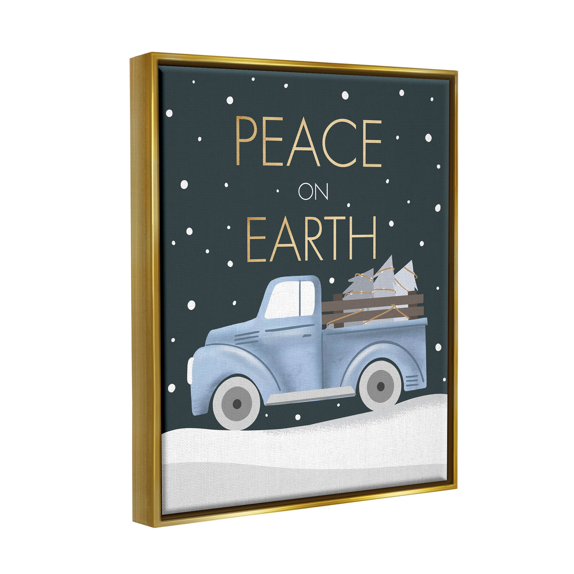 Stupell Industries Peace On Earth Snowy Truck Graphic Art Metallic Gold Floating Framed Canvas Print Wall Art, Design by Louise Allen Designs