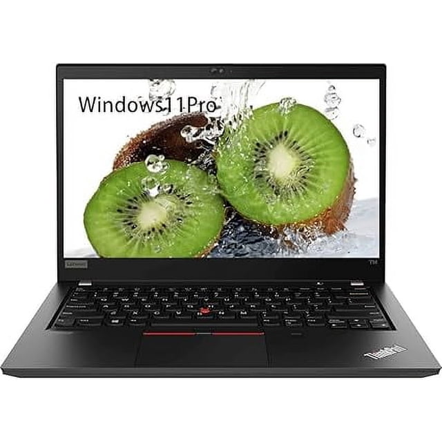 Lenovo ThinkPad-G1 T14 14" FHD Ultrabook featuring an Intel Core i7 10th Gen processor, 16GB RAM, and 256GB SSD, running Windows 11 Pro. The laptop has a 14-inch anti-glare FHD display with a resolution of 1920 x 1080 pixels, shown here with a vibrant image of kiwis on the screen. It includes a backlit keyboard, integrated HD webcam, and multiple connectivity options such as USB 3.1, USB-C, HDMI, and Ethernet. This renewed model may have minor cosmetic imperfections but is in excellent working condition.