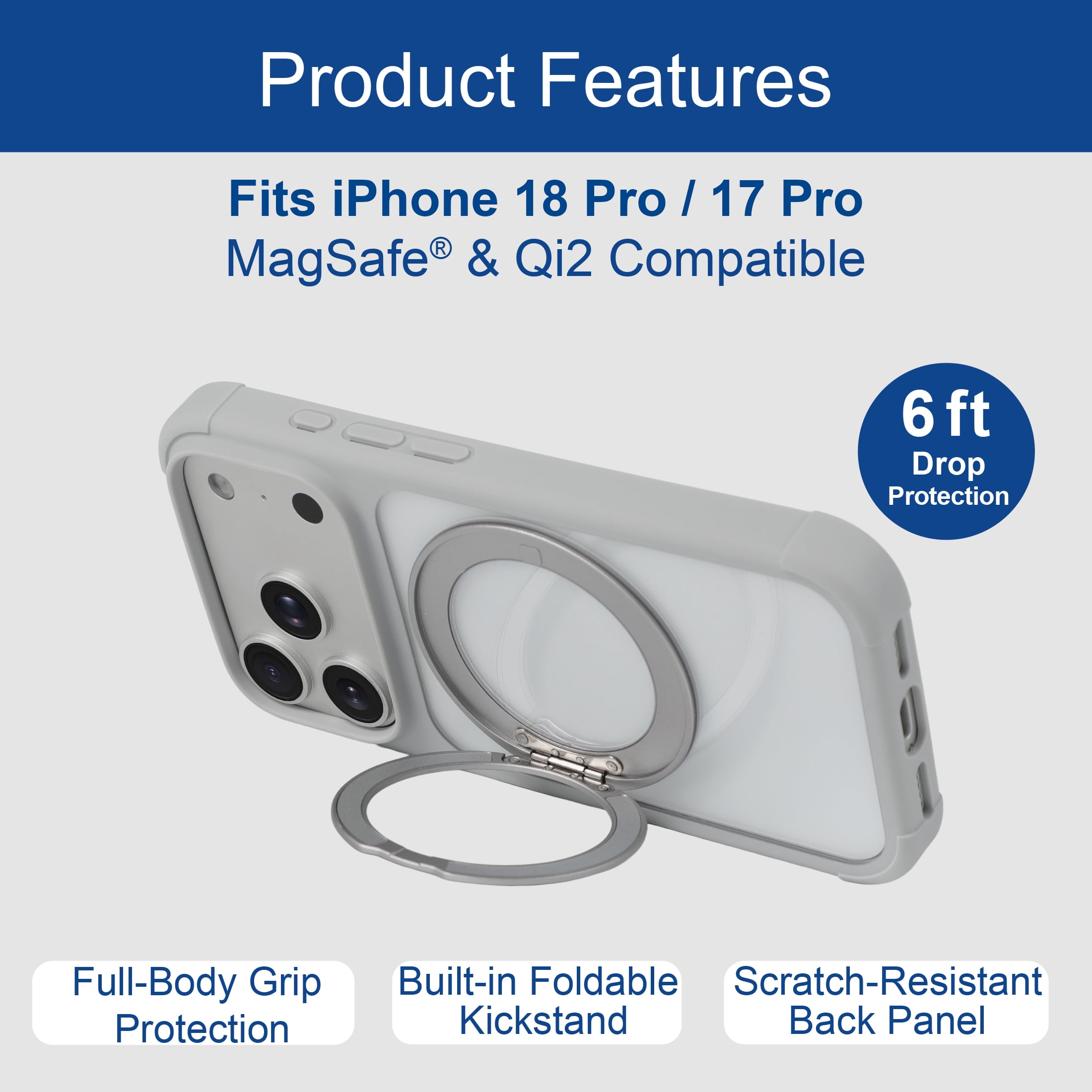 onn iPhone 18 Pro and iPhone 17 Pro Bumper Phone Case with MagSafe & 360° Ring Kickstand, Clear