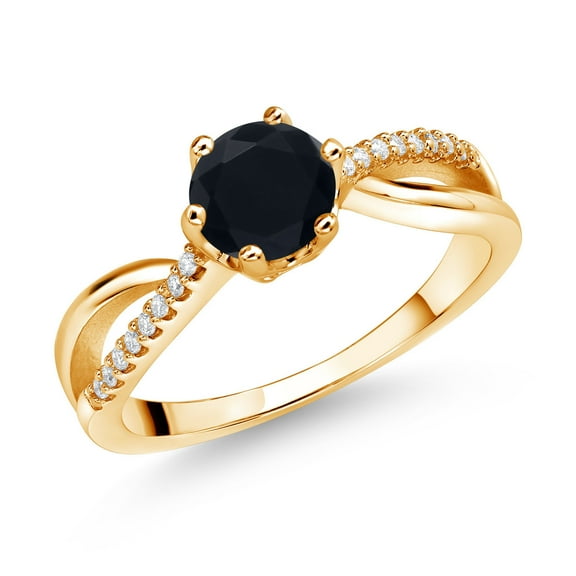Gem Stone King 18K Yellow Gold Plated Silver Ring Round Onyx and Moissanite (0.88 Cttw) (Size 5)