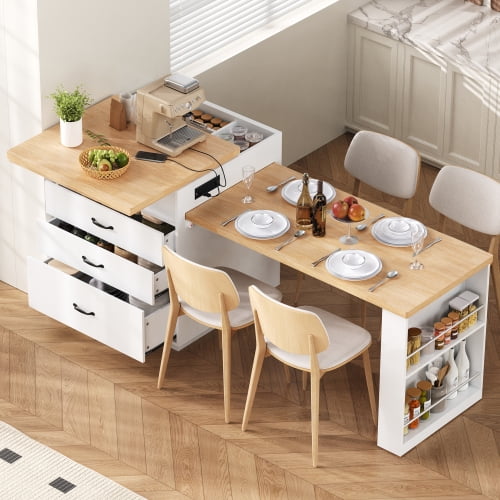 taoruifang Kitchen Island with Casters, Extendable Dining Table with Led Lighting, Kitchen Table with Power Strips, Buffet Table, or Bar Table for The Kitchen and Dining Room (Creamy White + Natural)