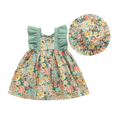 

Actoyo Summer Toddler Girl Summer Casual Beach Wear Sleeveless Floral Dress + Sunhat 0-3T